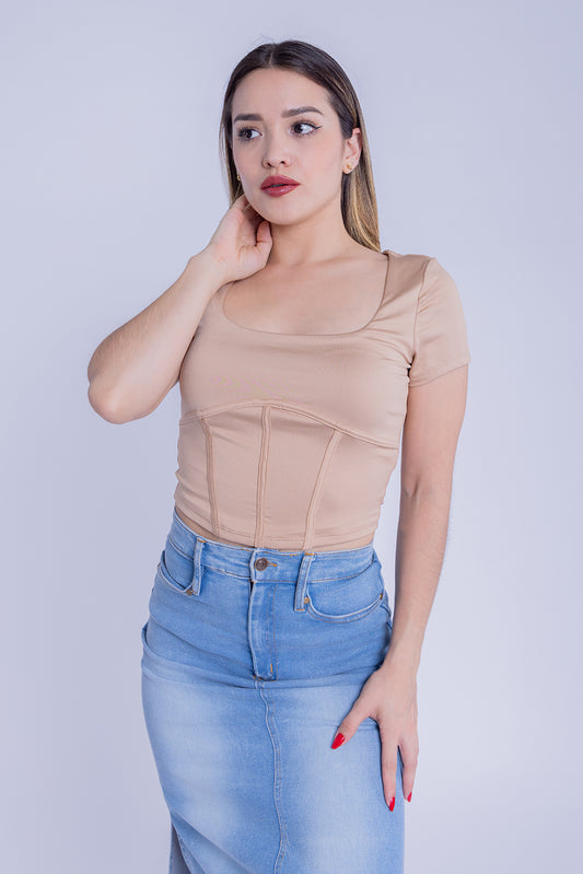 Crop top satinado beige