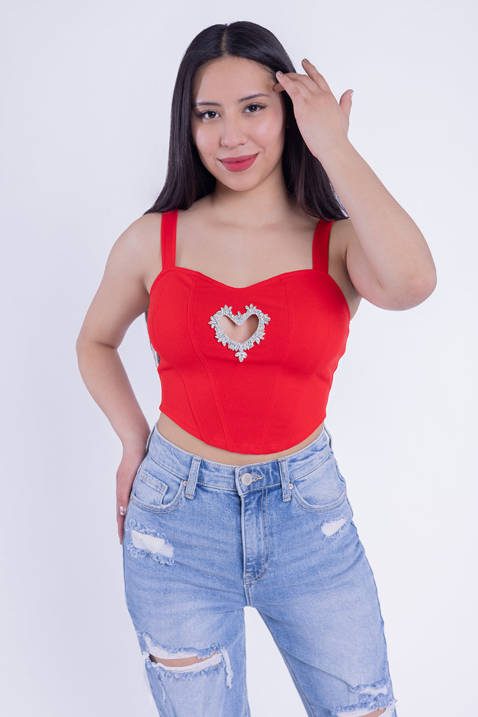 Crop top con escote de corazon brillante