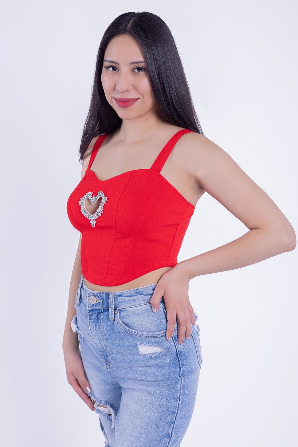 Crop top con escote de corazon brillante