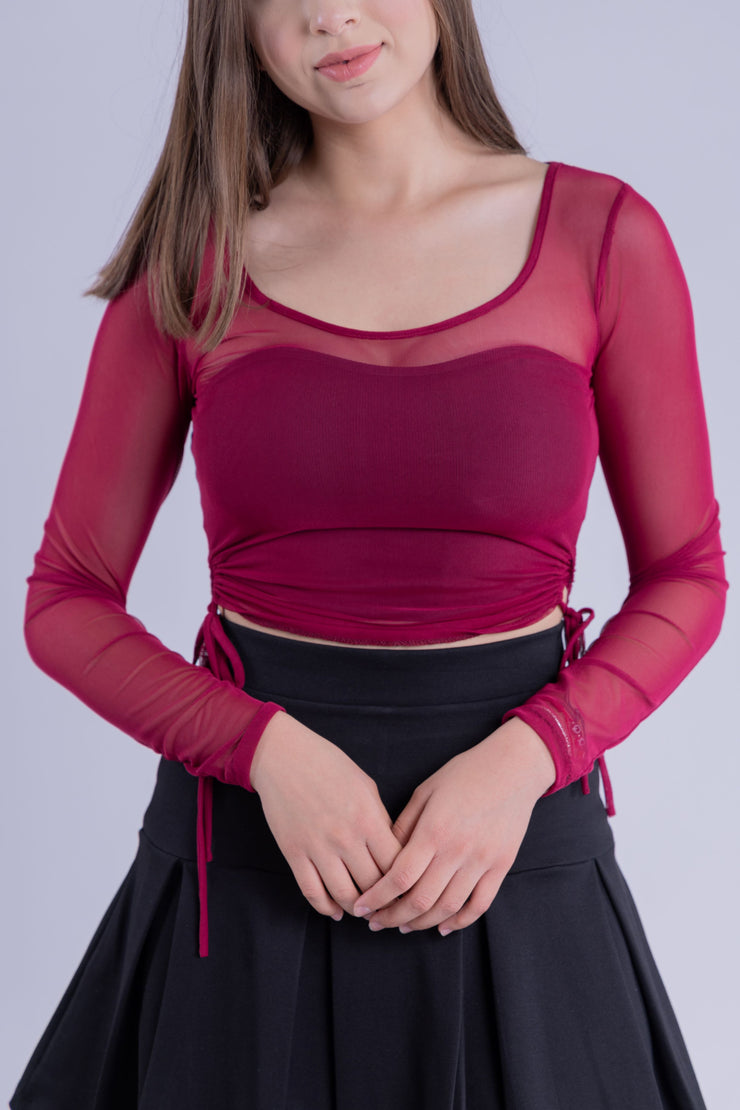 Blusa mesh guinda con listones